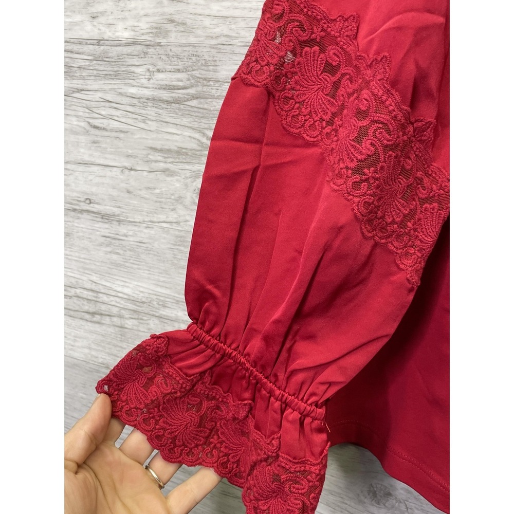 Chico's Womens‎ 2 Red Lace V-Neck Puff Sleeve Jersey Embroidered Blouse NEW - Picture 5 of 10